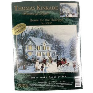 Thomas Kinkade Home for the Holidays Embellished Cross Stitch Kit Vtg New